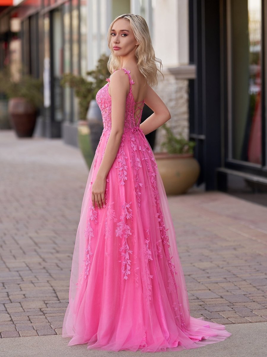 A-line V Neck Lace Tulle Evening Dress With Slit - Curvevia