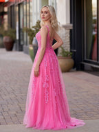 A-line V Neck Lace Tulle Evening Dress With Slit - Curvevia
