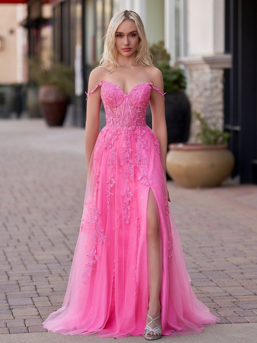 A-line V Neck Lace Tulle Evening Dress With Slit - Curvevia