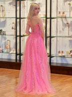 A-line V Neck Lace Tulle Evening Dress With Slit - Curvevia