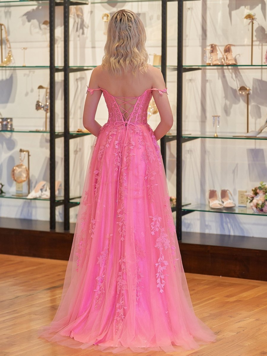 A-line V Neck Lace Tulle Evening Dress With Slit - Curvevia