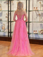 A-line V Neck Lace Tulle Evening Dress With Slit - Curvevia