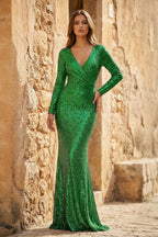 Elegant Sheath V-Neck Long Sleeves Sequin Prom Dress - Curvevia