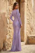 Elegant Sheath V-Neck Long Sleeves Sequin Prom Dress - Curvevia
