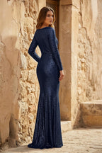 Elegant Sheath V-Neck Long Sleeves Sequin Prom Dress - Curvevia