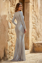 Elegant Sheath V-Neck Long Sleeves Sequin Prom Dress - Curvevia