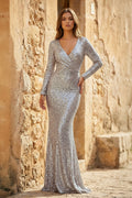 Elegant Sheath V-Neck Long Sleeves Sequin Prom Dress - Curvevia