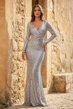 Elegant Sheath V-Neck Long Sleeves Sequin Prom Dress - Curvevia