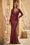 Elegant Sheath V-Neck Long Sleeves Sequin Prom Dress - Curvevia
