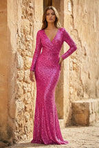 Elegant Sheath V-Neck Long Sleeves Sequin Prom Dress - Curvevia