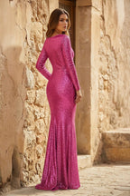Elegant Sheath V-Neck Long Sleeves Sequin Prom Dress - Curvevia