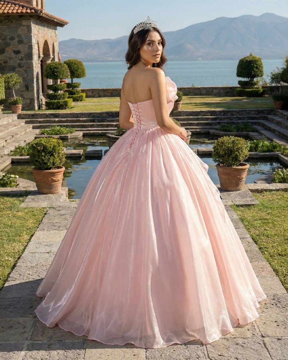 Elegant Shiny Pink Organza Strapless Quinceanera Dresses - Curvevia