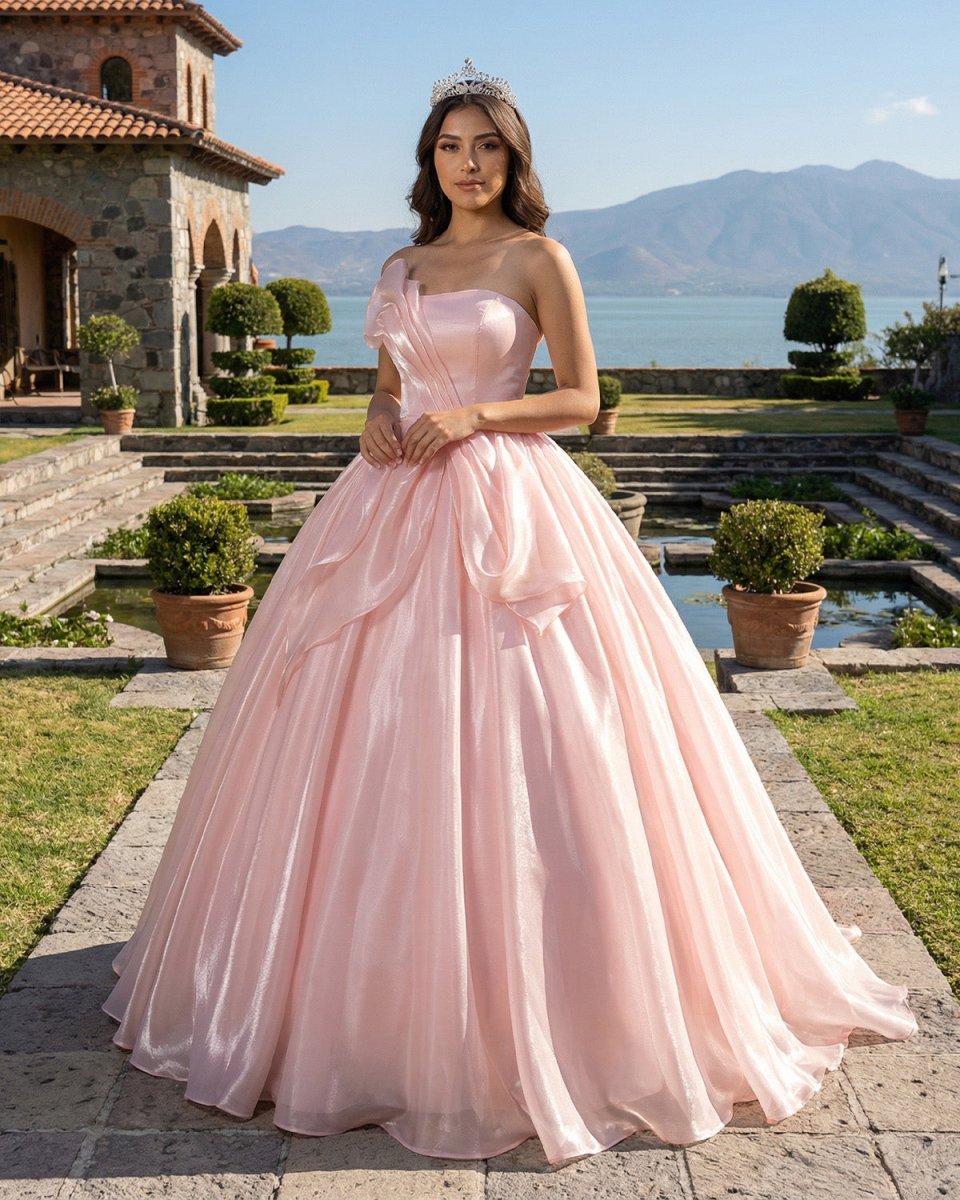 Elegant Shiny Pink Organza Strapless Quinceanera Dresses - Curvevia