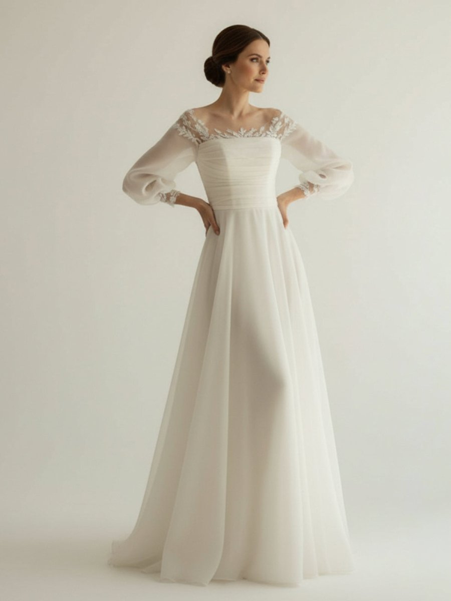Elegant Simple Beach A-Line Lace Organza Floor Zipper Low-V BackWedding Dress with Sheer Sleeve - Curvevia