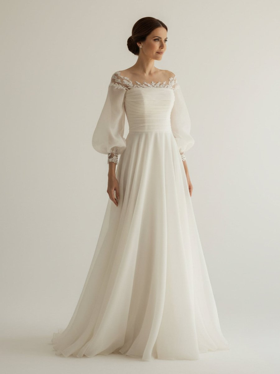 Elegant Simple Beach A-Line Lace Organza Floor Zipper Low-V BackWedding Dress with Sheer Sleeve - Curvevia