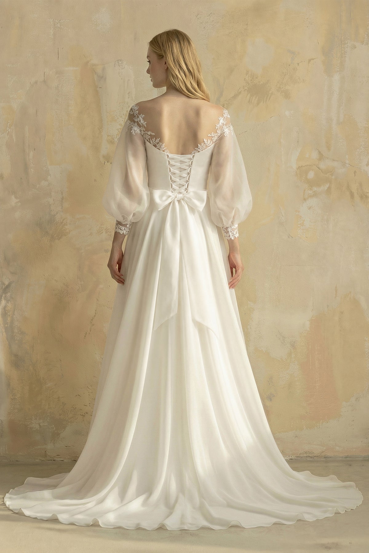Elegant Simple Beach A-Line Lace Organza Floor Zipper Low-V BackWedding Dress with Sheer Sleeve - Curvevia