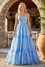 Cute A Line Spaghetti Straps Light Blue Glitter Organza Satin Prom Dress - Curvevia