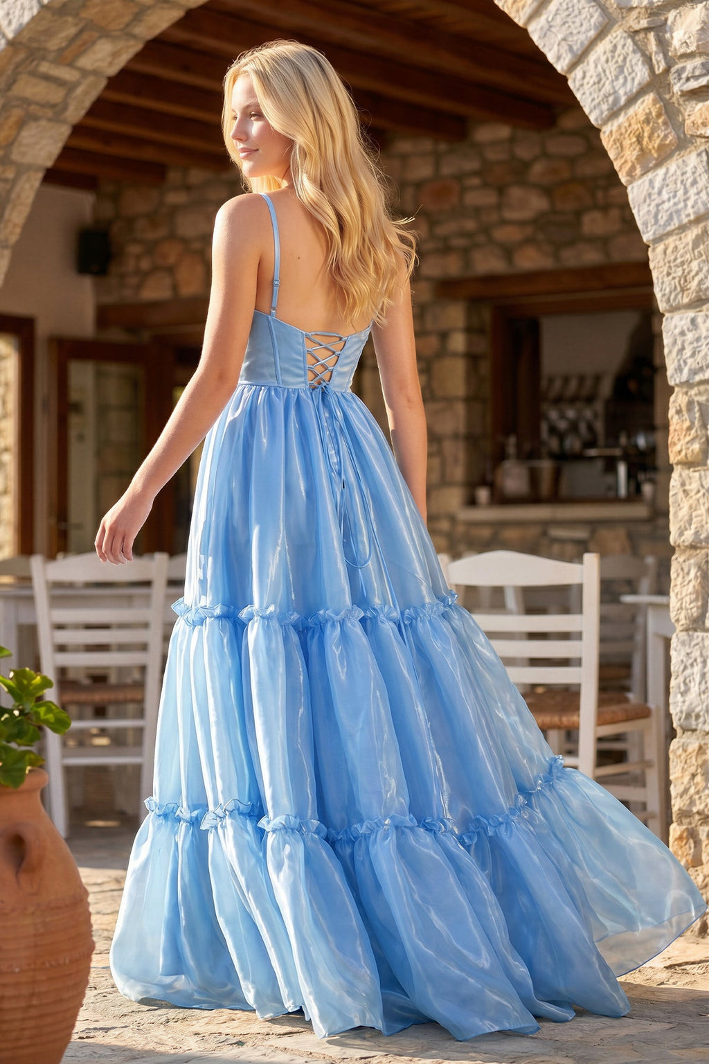 Cute A Line Spaghetti Straps Light Blue Glitter Organza Satin Prom Dress - Curvevia