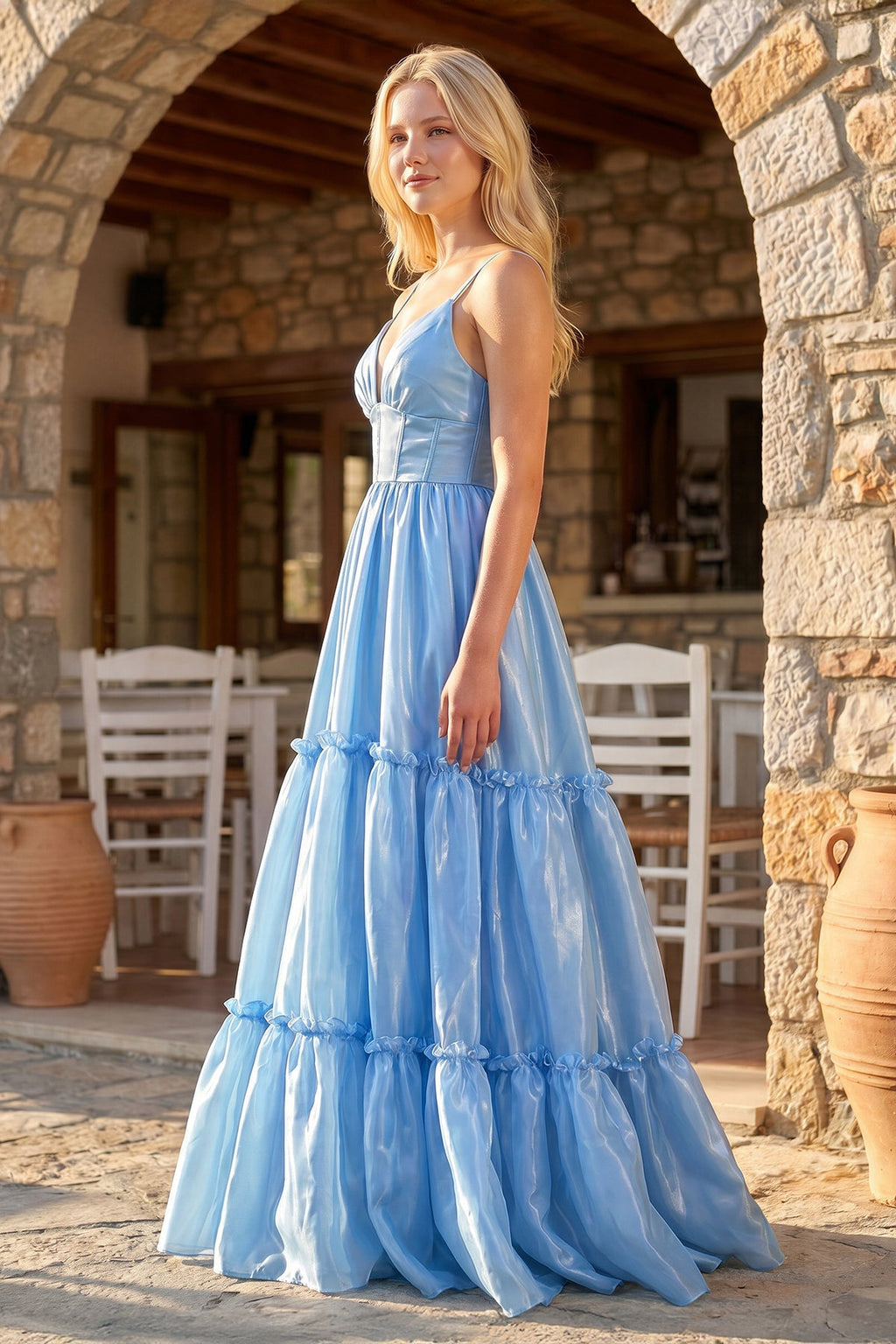 Cute A Line Spaghetti Straps Light Blue Glitter Organza Satin Prom Dress - Curvevia