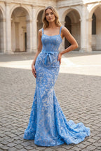 Gorgeous Mermaid Square Neck Blue Lace Prom Dress - Curvevia
