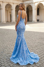 Gorgeous Mermaid Square Neck Blue Lace Prom Dress - Curvevia