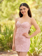Pink Spaghetti Straps Tight Short Homecoming Dress with Appliques - Curvevia