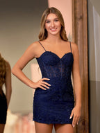 Pink Spaghetti Straps Tight Short Homecoming Dress with Appliques - Curvevia