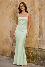 Yellow Square Neck Mermaid Satin Long Mother of the Bride Dress With Bowknot - Curvevia