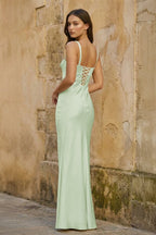 Yellow Square Neck Mermaid Satin Long Mother of the Bride Dress With Bowknot - Curvevia