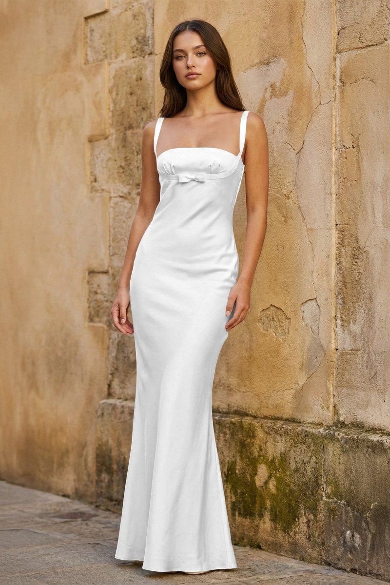 Yellow Square Neck Mermaid Satin Long Mother of the Bride Dress With Bowknot - Curvevia