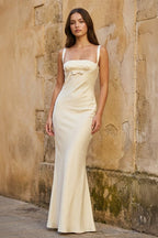 Yellow Square Neck Mermaid Satin Long Mother of the Bride Dress With Bowknot - Curvevia