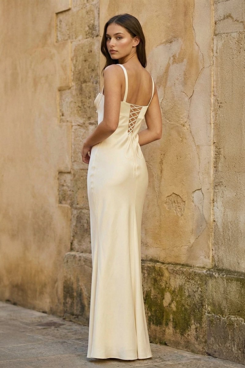 Yellow Square Neck Mermaid Satin Long Mother of the Bride Dress With Bowknot - Curvevia