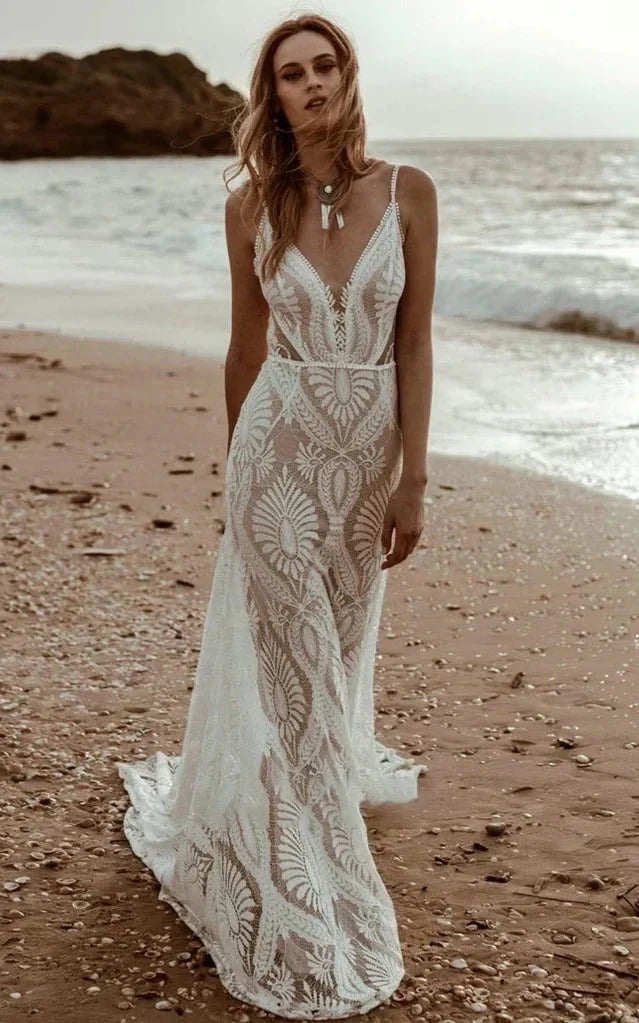 Beach Floral Mermaid Plunging Boho Lace Wedding Dress with Sweep Train - Curvevia