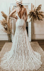 Beach Floral Mermaid Plunging Boho Lace Wedding Dress with Sweep Train - Curvevia