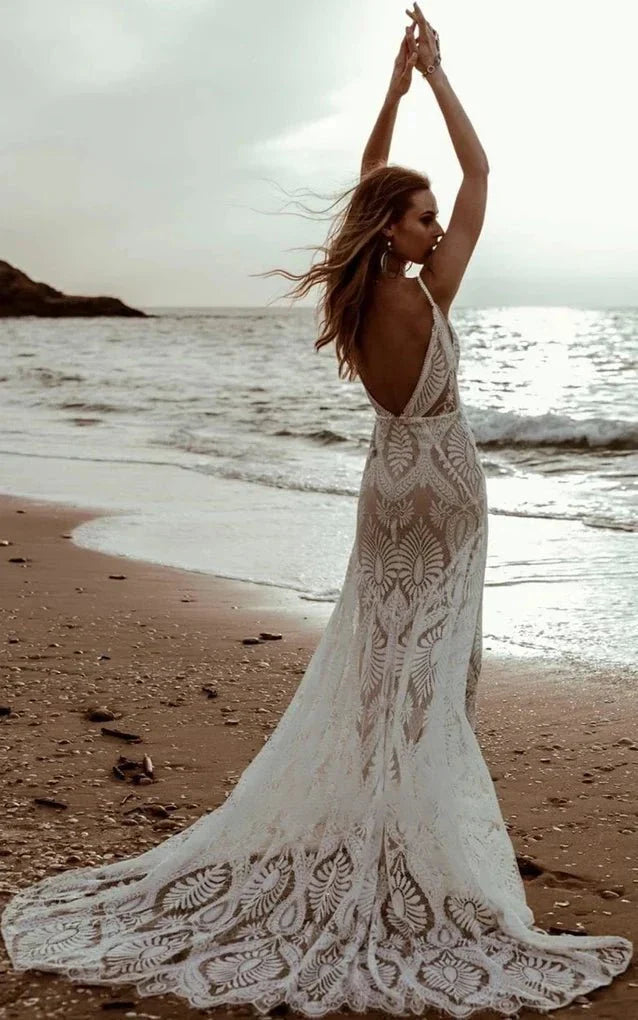 Beach Floral Mermaid Plunging Boho Lace Wedding Dress with Sweep Train - Curvevia