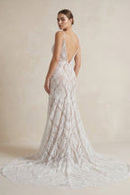 Beach Floral Mermaid Plunging Boho Lace Wedding Dress with Sweep Train - Curvevia