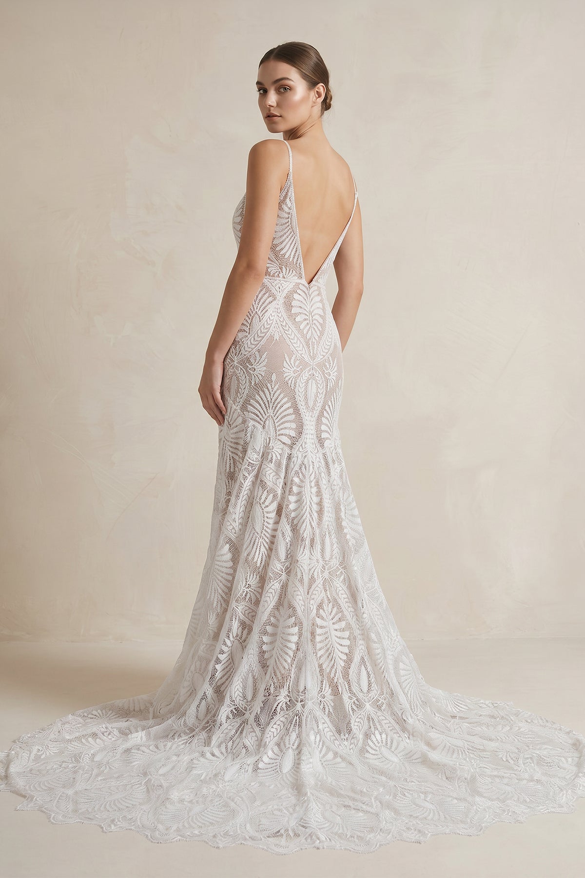Beach Floral Mermaid Plunging Boho Lace Wedding Dress with Sweep Train - Curvevia