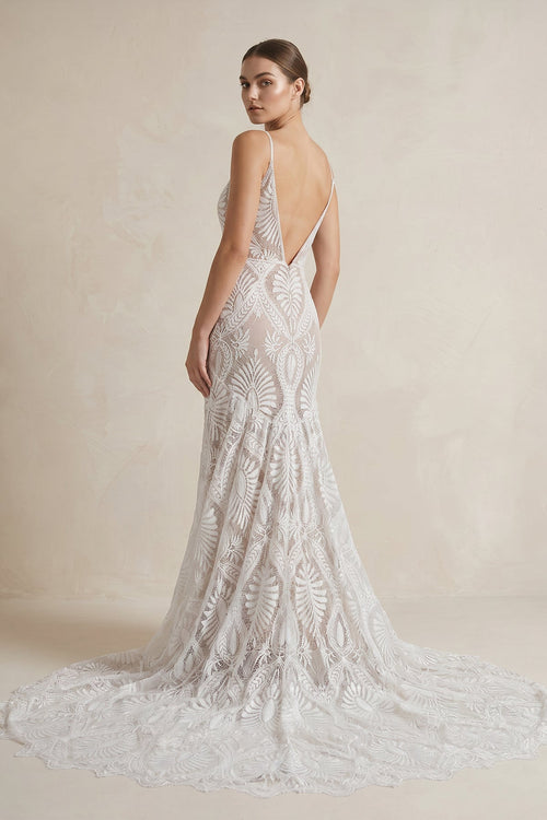Beach Floral Mermaid Plunging Boho Lace Wedding Dress with Sweep Train - Curvevia