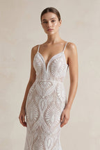 Beach Floral Mermaid Plunging Boho Lace Wedding Dress with Sweep Train - Curvevia