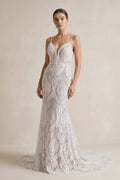 Beach Floral Mermaid Plunging Boho Lace Wedding Dress with Sweep Train - Curvevia