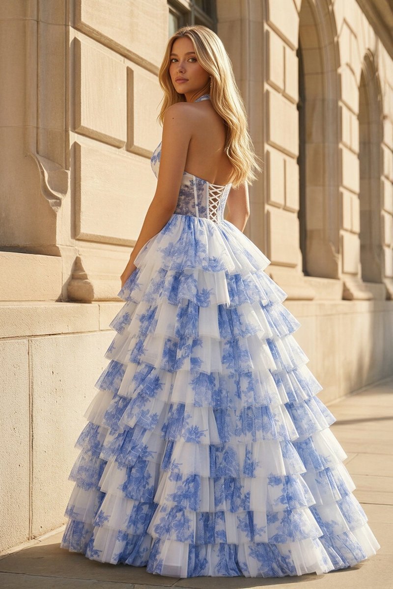 Blue Halter A Line Floral Chiffon Wedding Guest Dress With Ruffles - Curvevia