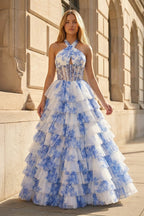 Blue Halter A Line Floral Chiffon Wedding Guest Dress With Ruffles - Curvevia