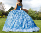 Ball Gown Lace V-Neck Sky Blue Quinceanera Dress - Curvevia