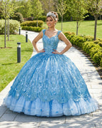Ball Gown Lace V-Neck Sky Blue Quinceanera Dress - Curvevia