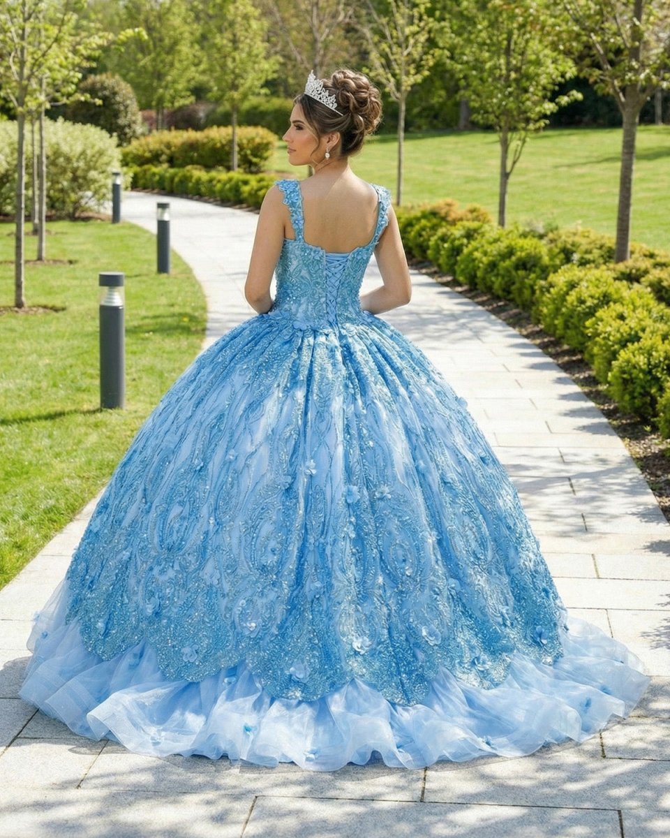 Ball Gown Lace V-Neck Sky Blue Quinceanera Dress - Curvevia