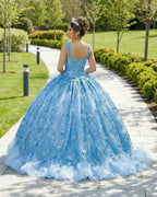 Ball Gown Lace V-Neck Sky Blue Quinceanera Dress - Curvevia