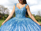 Ball Gown Lace V-Neck Sky Blue Quinceanera Dress - Curvevia