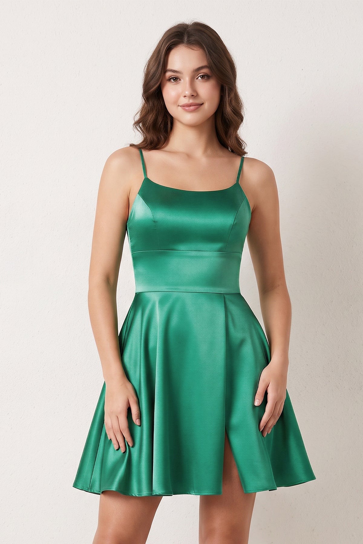 A-line Spaghetti Straps Satin Wedding Guest Dress - Curvevia