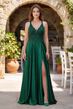 A-Line V-Neck Satin Mother of the Bride Dress with Slit - Curvevia