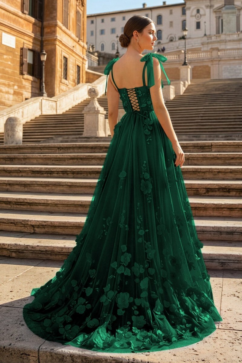 Scarlet Tulle A-line 3D Flower Long Evening Dress With Slit - Curvevia